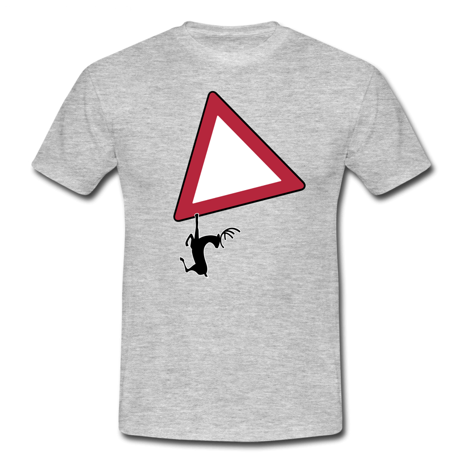 Pas op! Bengelend wild T-shirt, vectorillustratie Bengelend wild T-shirt, hert bengelend onder aan z'n verkeersbord, vectorillustratie