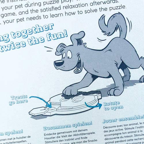 Illustraties voor de verpakking van Holt Games. Een hond en een kat illustreren hoe de verschillende spellen gebruikt dienen te worden.