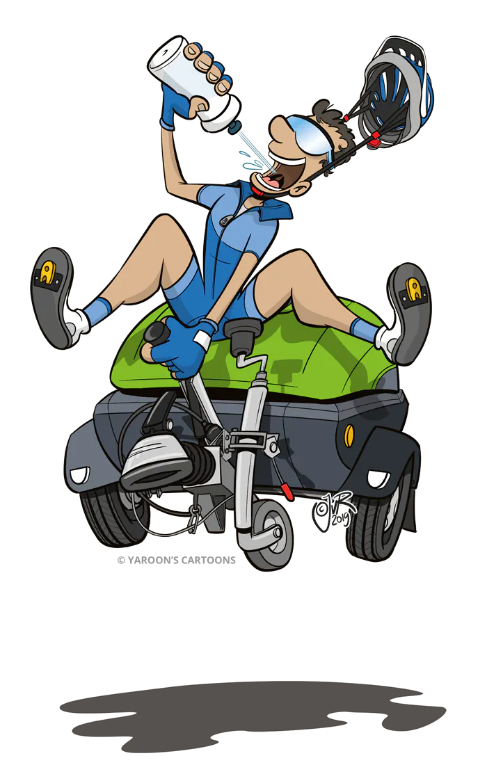 Cartoon van de fietscoureur rijdend op de Greenkiller onkruidbestrijder Cartoon van de fietscoureur rijdend op de Greenkiller onkruidbestrijder