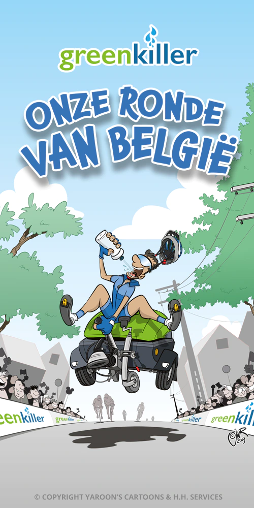 Cartoon van een wielrenner die een onkruidbestrijder berijd