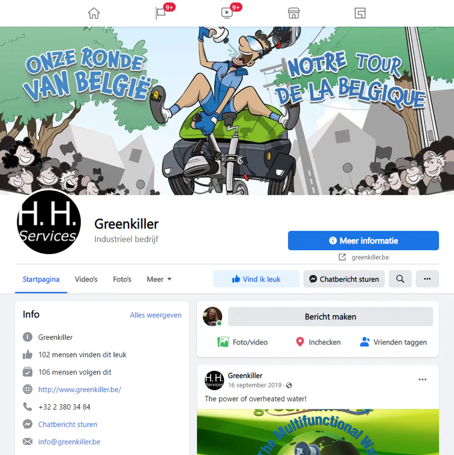 Greenkiller cartoon van de coureur op de onkruidbestrijder in de header van de Facebook pagina Greenkiller cartoon van de coureur op de onkruidbestrijder in de header van de Facebook pagina