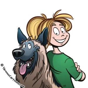 Stripfiguren in het logo van hondenschool Hond & Jij