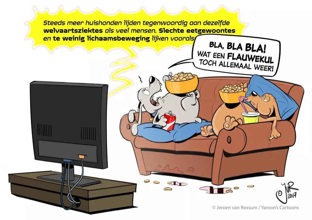 Bankhangers cartoon / Dogs Don't Whisper - Episode 28 - What a load of crap Cartoon van twee honden, hangend in de bank, die er niet bepaald gezonde leefgewoontes op nahouden.