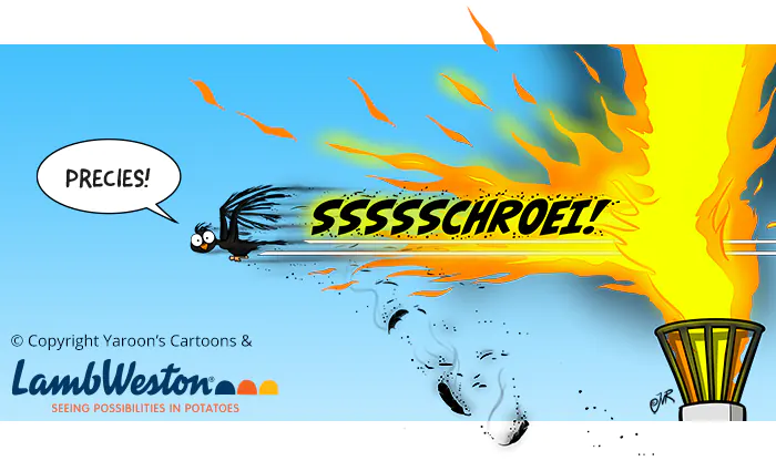 Vogel schroeit zijn veren als hij door de vlam van een affakkelinstallatie vliegt, cartoon voor Lamb Weston Vogel schroeit zijn veren als hij door de vlam van een affakkelinstallatie vliegt, cartoon voor Lamb Weston