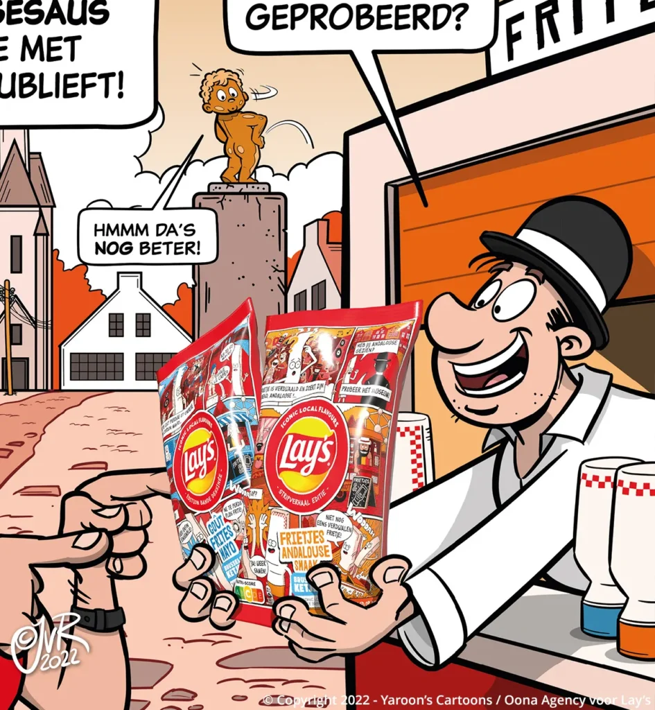 Fragment. Stripalbum covers in typisch Vlaamse striptekenstijl voor Lay's ter promotie van hun nieuwe Vlaamse smaken. Deze verschenen in zakken die met een stripverhaal bedrukt waren.